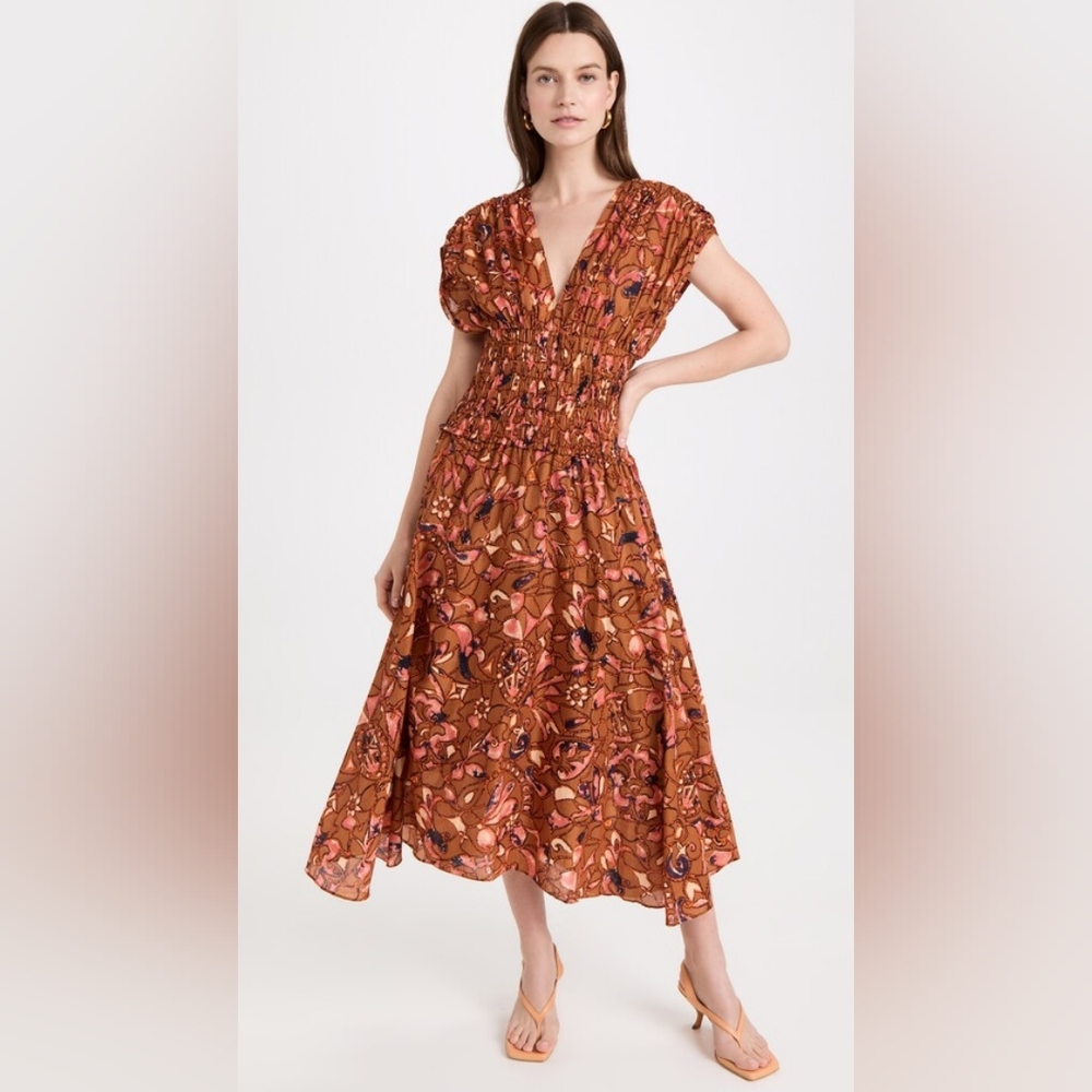 A.L.C. Lucia Corset Waist Cotton Floral Midi Dress Size 0 Bronze Navy Coral - Picture 4 of 14